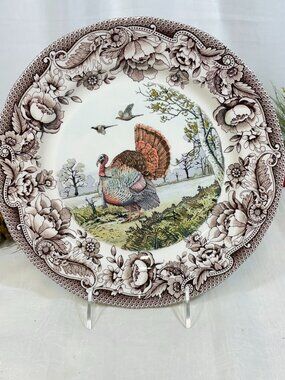 LEGEND British Heritage Thanksgiving Turkey Floral Border Dinner Plates Set 2